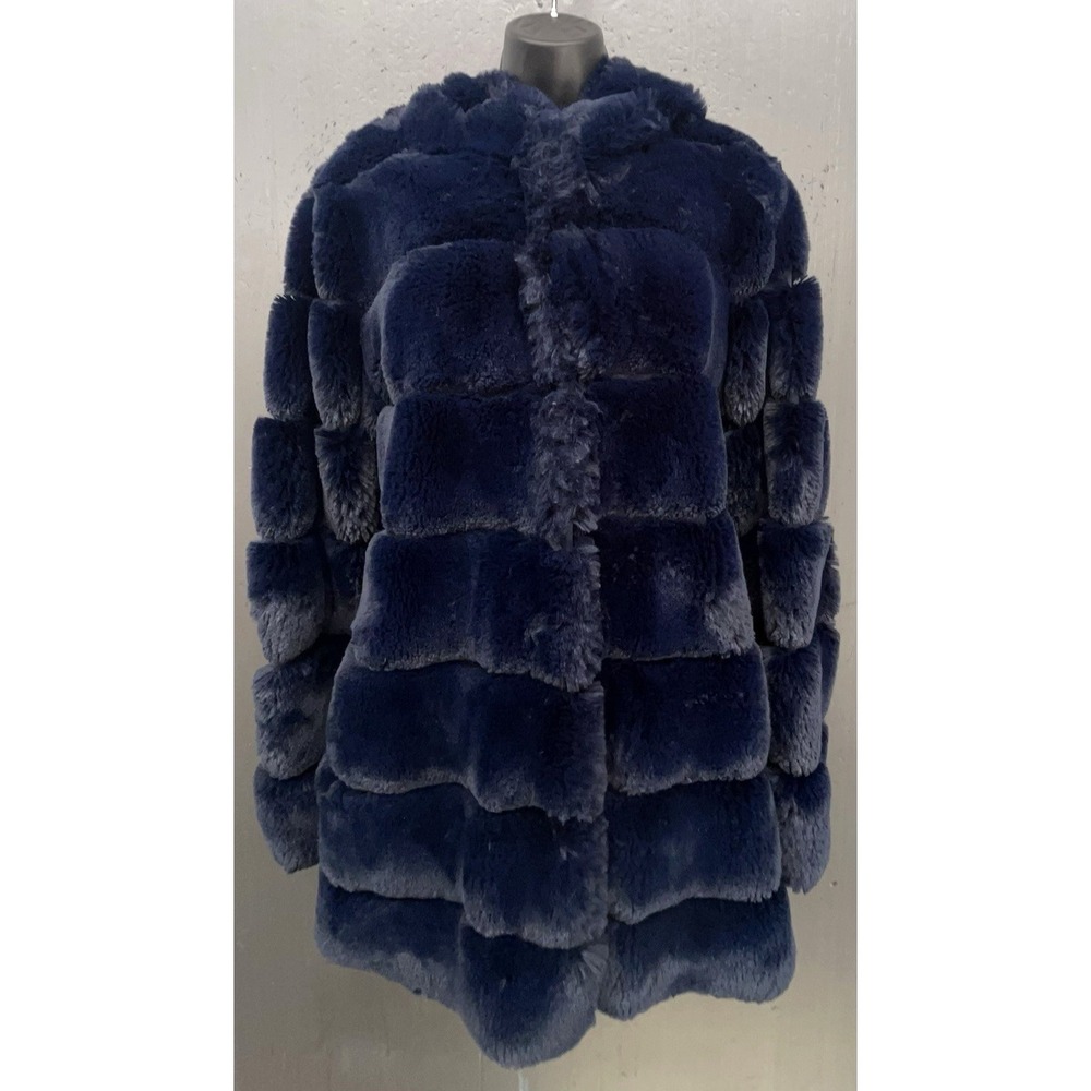 BCBG MAXAZRIA Felicia Faux Fur Coat L Saphire Blue Hood Luxury